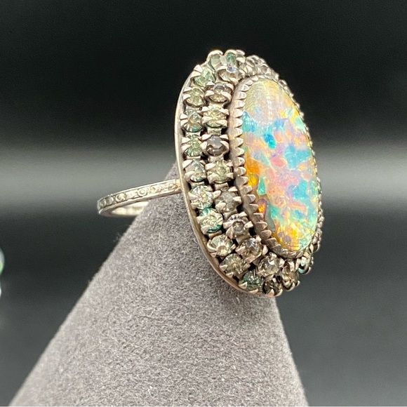 Vintage Martelli Sterling Art Deco Rhinestone and Opal? Ring Size 6 - Picture 3 of 14